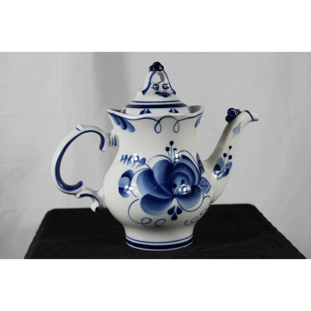 Gzhel Tea/Coffee Pot Porcelai Blue/White Floral VTG